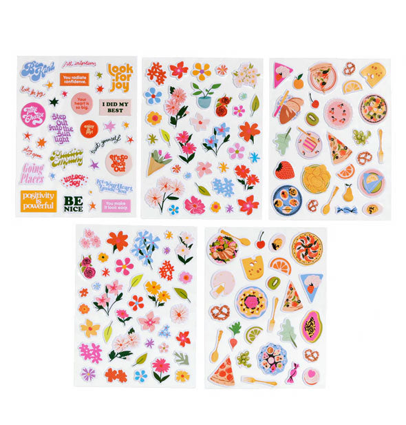 Set of five sheets of colorful stickers in a variety of designs including food, flowers, and words