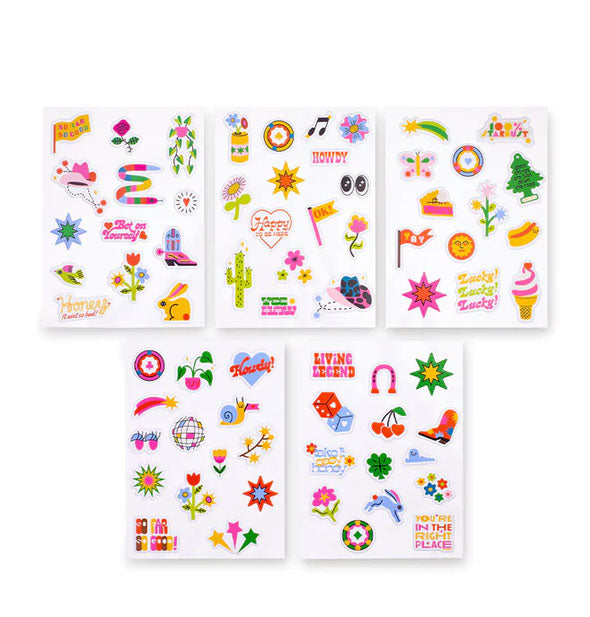 Five sheets of colorful stickers in a variety of designs and themes