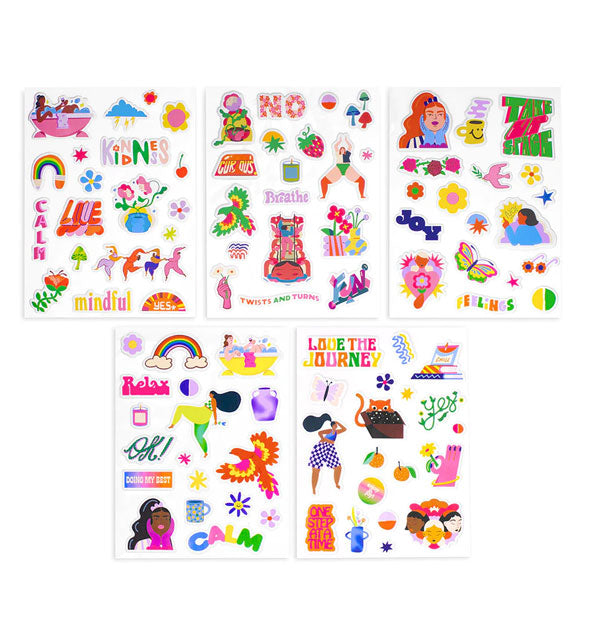 Set of five sticker sheets with a variety of colorful designs including people, animals, and words