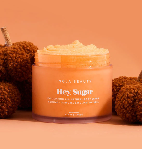 Opened tub of NCLA Beauty Hey, Sugar Exfoliating All Natural Body Scrub flanked by several brown fuzzy pumpkins