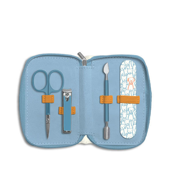 Unzipped blue manicure pouch interior with orange elastic bands to hold scissors, clipper, cuticle pusher, and emery board in place