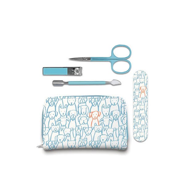 White pouch featuring all-over blue outline dog illustrations with matching emery board, blue cuticle pusher tool, blue-handled mini nail clipper, and blue-handled nail scissors