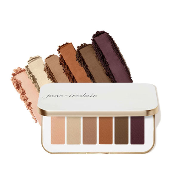 Opened white rectangular Pure Basics Jane Iredale eye shadow palette features six shades in rich matte neutrals ranging from dark to light