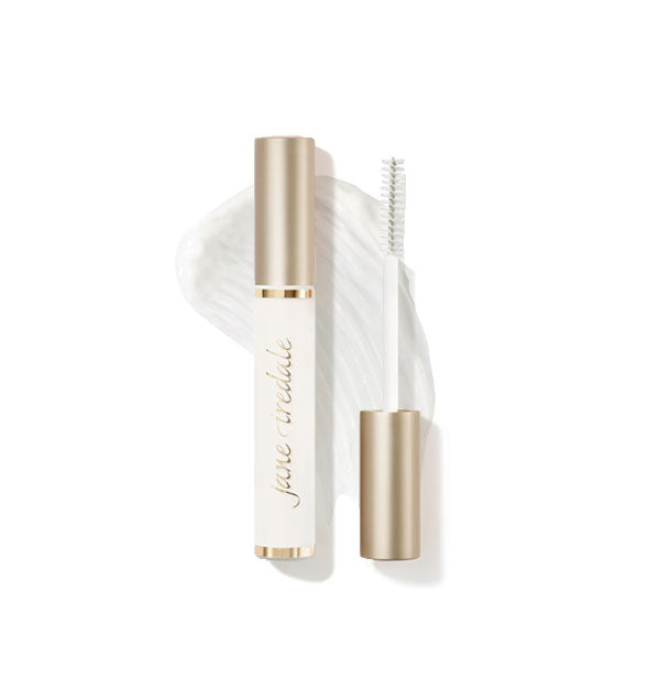 Tube of Jane Iredale PureLash Lash Extender & Conditioner with sample swatch behind