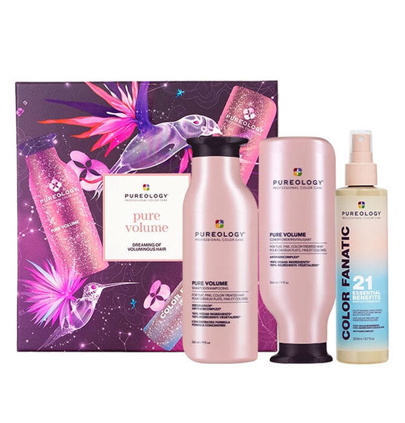 Contents of the Pureology Pure Volume kit with box: Pure Volume Shampoo, Pure Volume Conditioner, and Color Fanatic Multi-Tasking Leave-In Spray