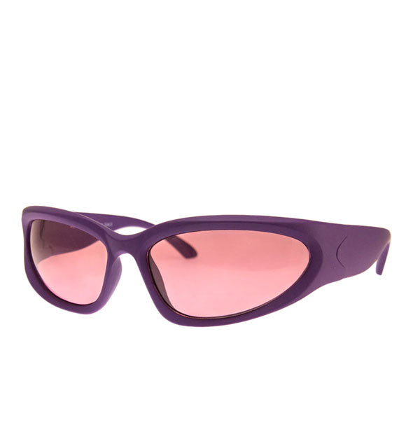 Purple wraparound sunglasses with pink lenses