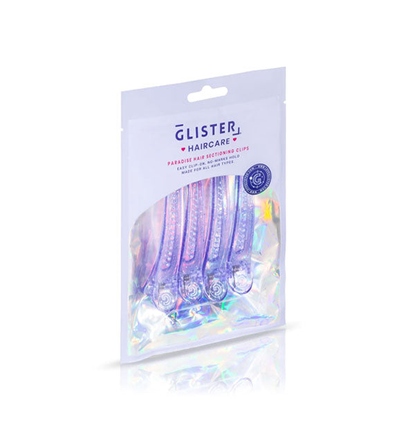 Pack of four purple glitter Glister Haircare Paradise Hair Sectioning Clips with holographic packaging interior