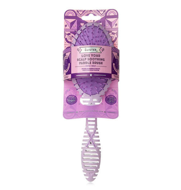 Purple "Love Your Scalp" Soothing Paddle Brush by Glister with product card attached