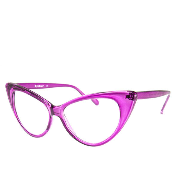 Pair of cat eye glasses with a clear purple frame