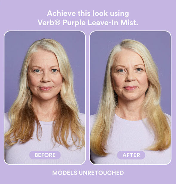 Unretouched side-by-side comparison of model's hair before and after using Verb Purple Leave-In Mist