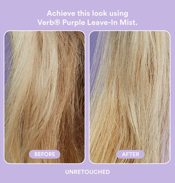 Unretouched side-by-side comparison of model's hair before and after using Verb Purple Leave-In Mist