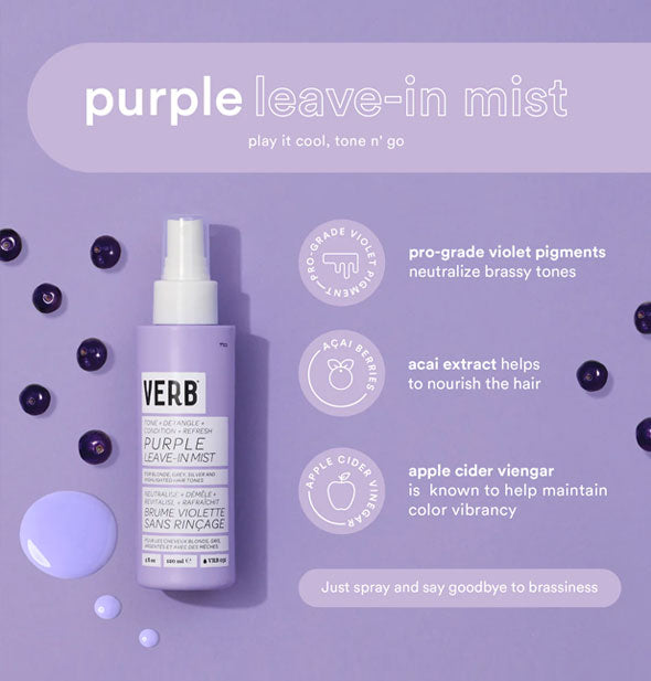 Bottle of Verb Purple Leave-In Mist is labeled with its key ingredients represented by infographics; droplets of product and dark açaí berries are spaced out at each side