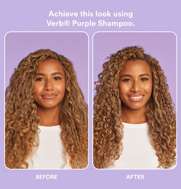 Side-by-side comparison of model's hair before and after using Verb Purple Shampoo