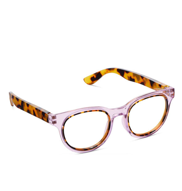 Three-quarter view of reading glasses with a clear purple front frame with tortoise inside rim and tortoise temple arms