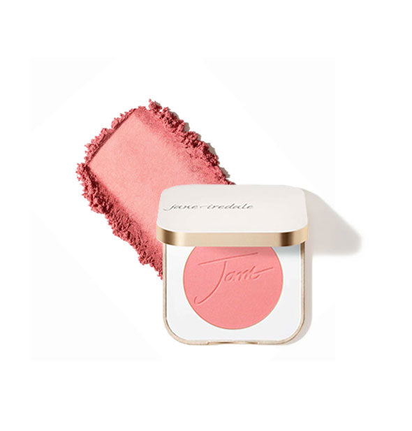 Opened square white and gold Jane Iredale compact reveals blush shade Queen Bee inside