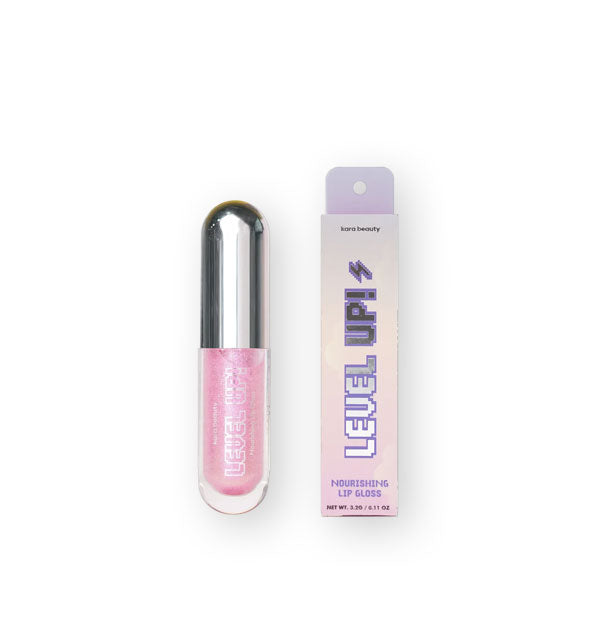 Rounded tube of pink Kara Beauty Level Up! Nourishing Lip Gloss with box packaging
