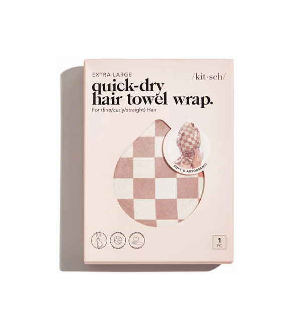 Muted terracotta and white checker print Extra Large Quick-Dry Hair Towel Wrap by Kitsch can be partially seen through a teardrop-shaped window in packaging