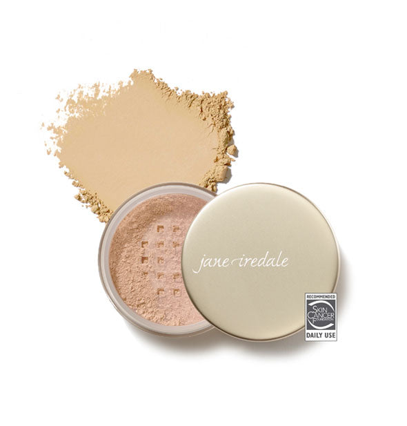 Opened compact of Jane Iredale Amazing Base Loose Mineral Powder and sample product swatch in shade Radiant with the Skin Cancer Foundation seal at lower right