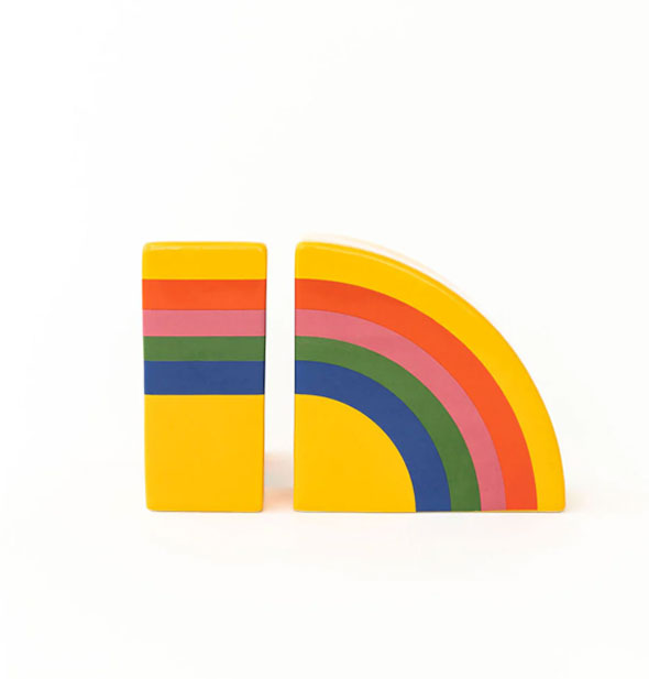 Rainbow bookends, one shown from the front and one shown from the side