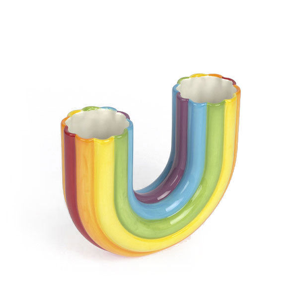 U-shaped upside-down rainbow striped vase with ribbed texture has two openings