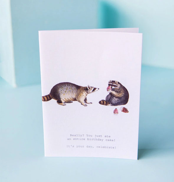White greeting card with illustration of two raccoons, one of which is eating cake, says, "Really? You just ate an entire birthday cake! It's your day, celebrate!" at the bottom