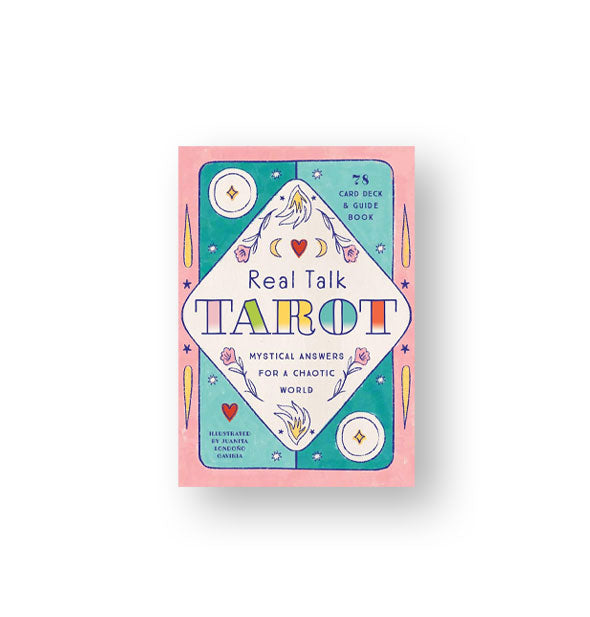 Pack of Real Talk Tarot: Mystical Answers for a Chaotic World features delicate pastel floral and celestial illustrations
