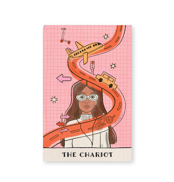 The Chariot card from the Real Talk Tarot deck features a woman partially obscured by infrastructural and transportation-themed illustrations