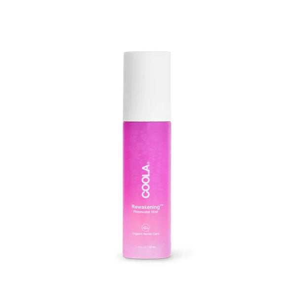 Pink 1.7 ounce bottle of Coola Rewakening Rosewater Mist with white cap