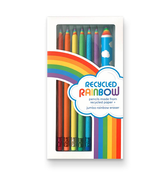 Pack of six Recycled Rainbow pencils with jumbo cloud and sky print eraser