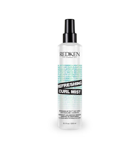 Silvery 8.5 ounce bottle of Redken Refreshing Curl Mist with black and teal lettering details and a black spray nozzle