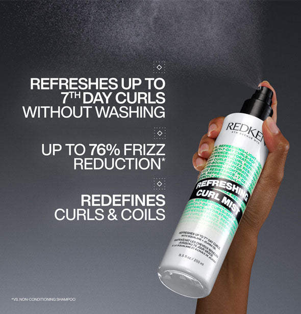 Model's hand dispenses a fine spritz of Redken Refreshing Curl Mist up against a dark surface alongside the caption, "Refreshes up to 7th day curls without washing; Up to 76% frizz reduction; Redefines curls & coils"