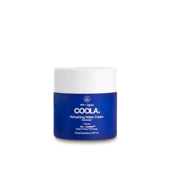 Blue pot of Coola Refreshing Water Cream Sunscreen with white cap and lettering