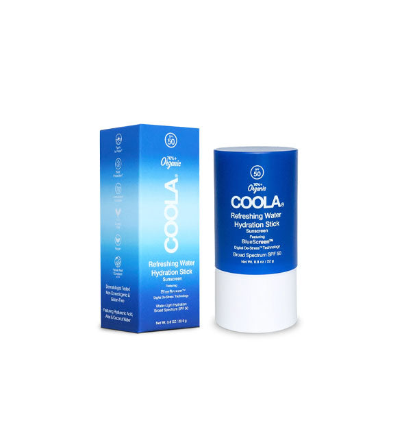Blue and white tube and box of Coola Refreshing Water Hydration Stick Sunscreen