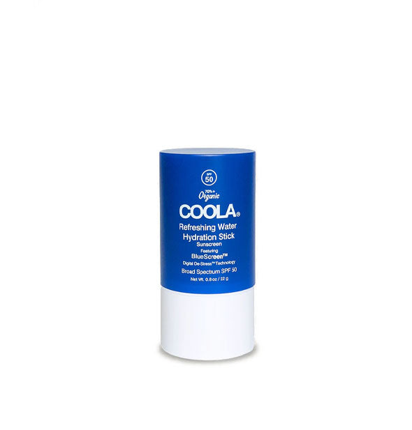 Blue and white cylindrical bottle of Coola Refreshing Water Hydration Stick Sunscreen