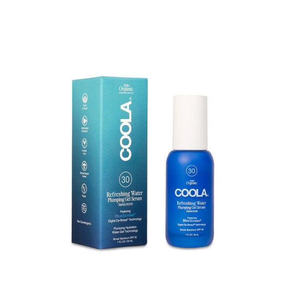 Blue 1 ounce bottle of Coola Refreshing Water Plumping Gel Serum with white cap next to two-tone blue ombre box