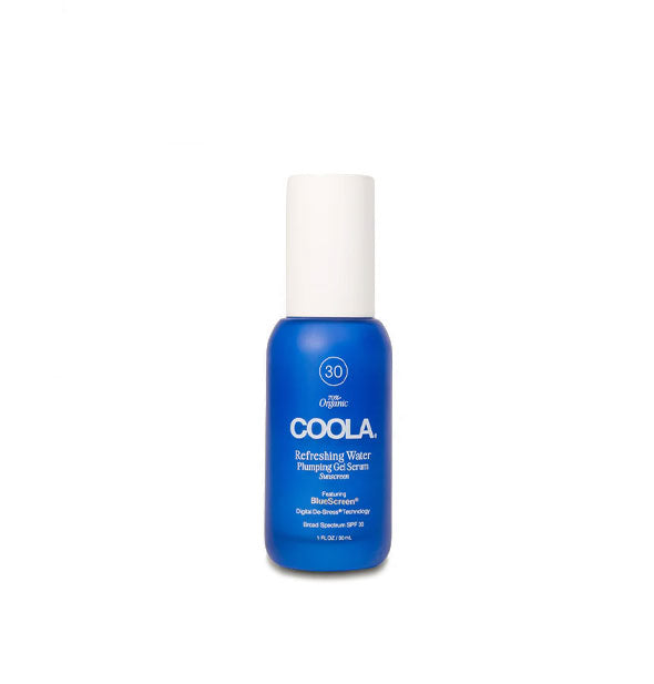 Blue bottle of Coola Refreshing Water Plumping Gel Serum with white cap