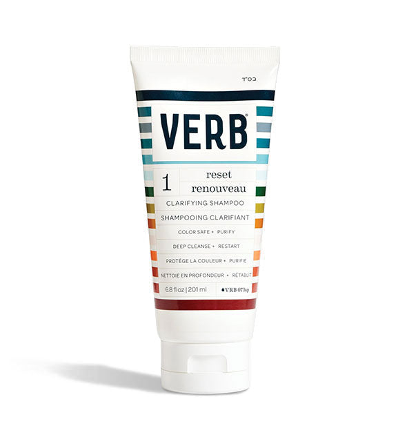 White 6.8 ounce bottle of Verb Reset Clarifying Shampoo with multicolored stripes