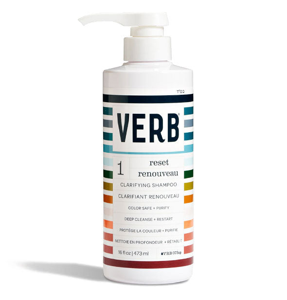 White 16 ounce bottle of Verb Reset Clarifying Shampoo with multicolored stripes