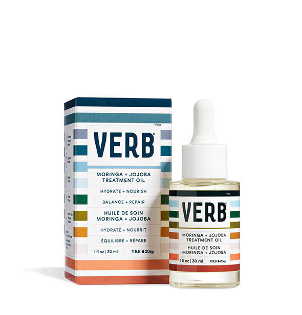 Box and 1 ounce bottle of Verb Moringa + Jojoba Treatment Oil with multicolored stripe design