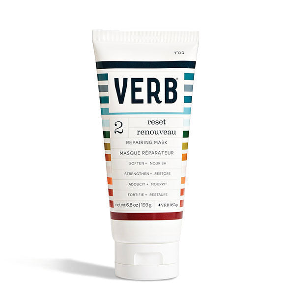 White 6.8 ounce bottle of Verb Reset Repairing Mask with multicolored stripes