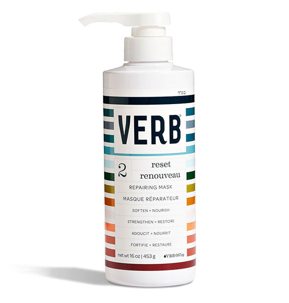 White 16 ounce bottle of Verb Reset Repairing Mask with multicolored stripes