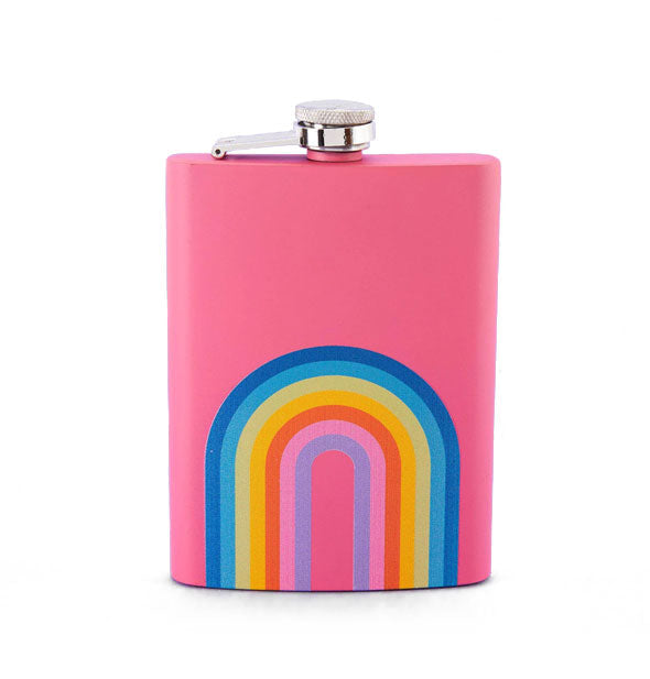 Rectangular pink flask with steel cap features a colorful rainbow design at the bottom