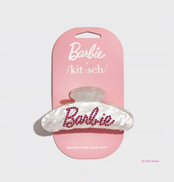 White marble hair clip on pink Barbie x Kitsch product card features the iconic "Barbie" logo spelled out in pink rhinestones