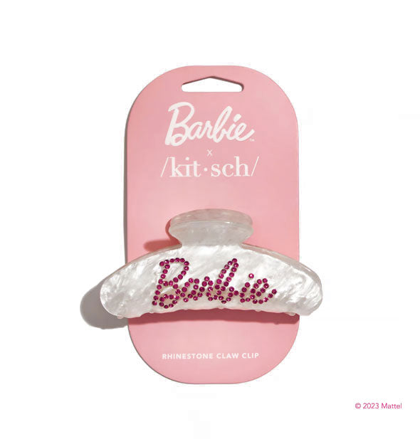 White marble hair clip on pink Barbie x Kitsch product card features the iconic "Barbie" logo spelled out in pink rhinestones