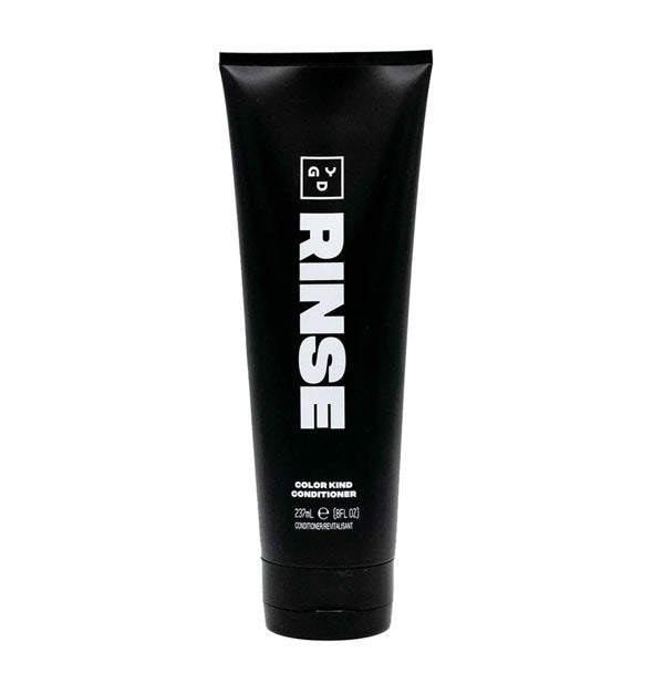 Black 8 ounce bottle of Rinse Color Kind Conditioner by Good Dye Young with white lettering and logo
