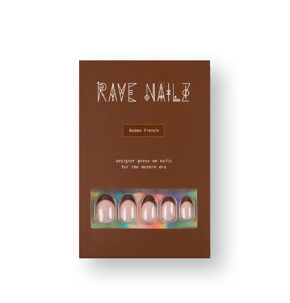 Brown pack of Rave Nailz Rodeo French press on nails with sample nails visible through bottom window in packaging