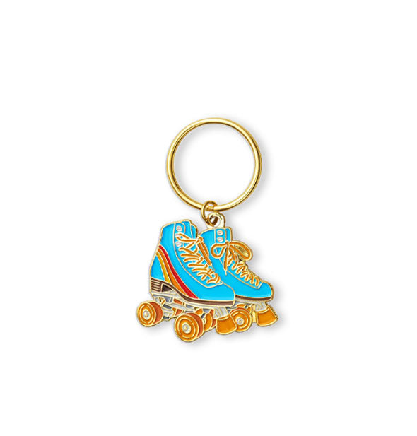Blue enamel roller skates keychain with orange and red accents and gold edging on gold ring