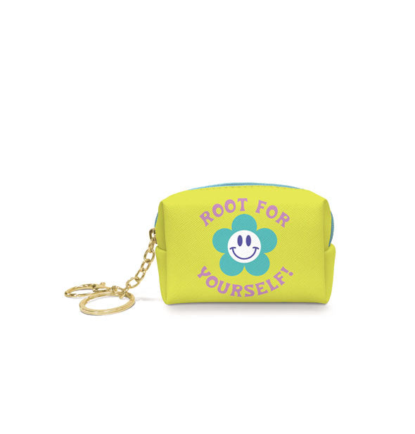 Small lime green pouch on gold keychain hardware features a smiley face flower design and the words, "Root for yourself!" in purple lettering