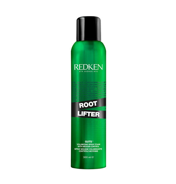 Green, black, and white 30 ml can of Redken Root Lifter Guts Volumizing Spray Foam