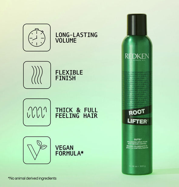 Can of Redken Root Lifter is captioned with its key benefits represented by infographics: Long-lasting volume; Flexible finish; Thick & full feeling hair; Vegan formula